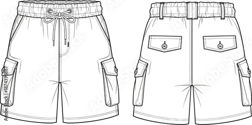 Men cargo shorts technical sketch, front and back view, casual fashion apparel template, garment design, cad drawing flat vector