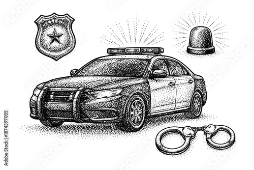 Detailed vintage stipple police set with car, badge, and handcuffs