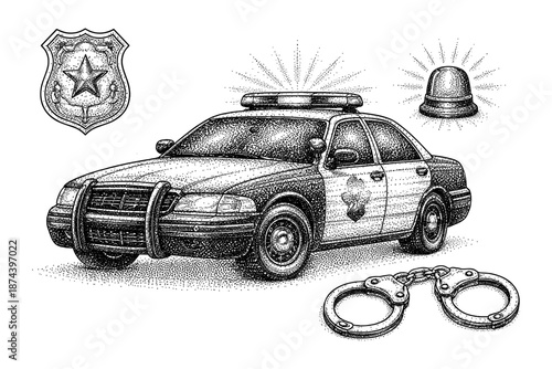 Vintage police car with handcuffs and badge in engraved stipple style