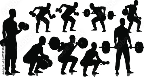 Fitness training silhouettes, muscular men lifting dumbbells and barbells, strength workout poses, gym exercise routines, black sport figures, isolated on white background