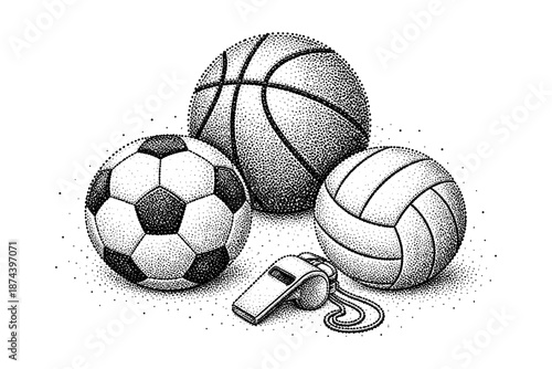 Detailed halftone illustration of soccer, basketball, and volleyball equipment
