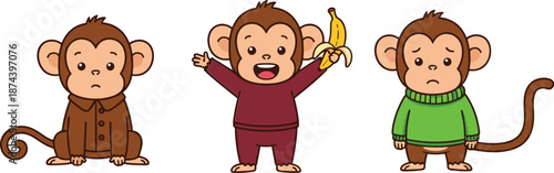 Cute cartoon monkey character set with different emotions holding banana isolated on white background vector