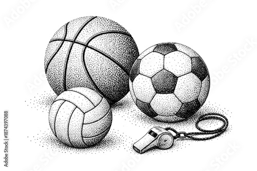 Pointillism art of basketball, soccer, volleyball, and whistle sports design