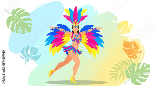 A vibrant flat design illustration of a female samba dancer in a dynamic pose, capturing the energetic spirit of Rio Carnival 2026. This clean, modern vector art is ideal for event promotions 