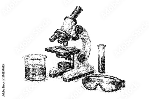 Vintage science equipment dotwork: microscope, beaker, test tube, and goggles in retro style