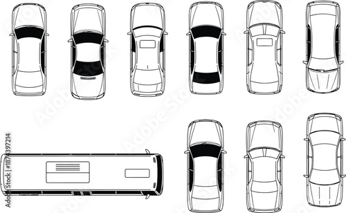 Car top view illustrations, vehicle outline drawings, sedan and SUV roof views, bus overhead vector, transportation design set for maps, planning, parking layouts, and automotive graphics