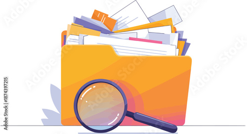 Vector of an orange folder filled with documents and a magnifying glass in front, representing data organization and search, perfect for business and study