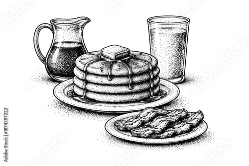 Breakfast bliss: pancakes with syrup, bacon, and a refreshing glass of milk in vintage style