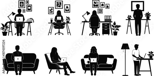People working from home silhouette set showing modern home office, sofa and desk scenes with laptops and indoor plants