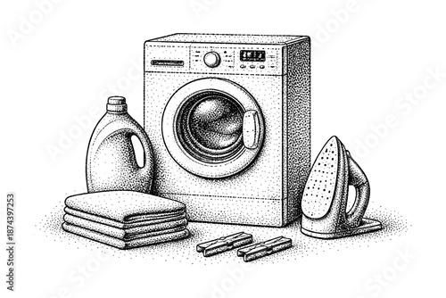 Stipple art: laundry essentials with washing machine, detergent, and iron in black and white