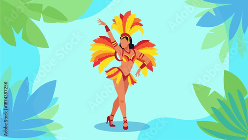 A vibrant flat design illustration of a female samba dancer in a dynamic pose, capturing the energetic spirit of Rio Carnival 2026. This clean, modern vector art is ideal for event promotions 