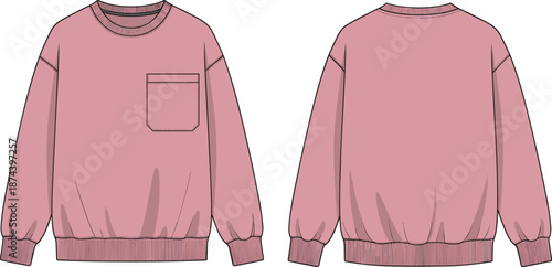 Men crewneck sweatshirt technical illustration, front and back view, casual fashion apparel template, garment design, cad drawing flat vector