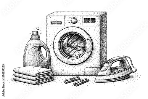 Stippled laundry scene with washing machine and iron in retro style