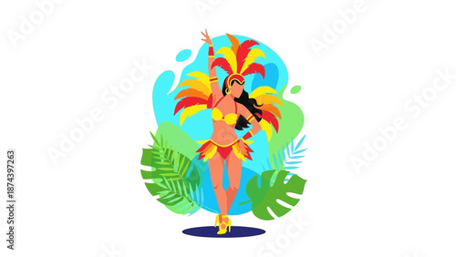 A vibrant flat design illustration of a female samba dancer in a dynamic pose, capturing the energetic spirit of Rio Carnival 2026. This clean, modern vector art is ideal for event promotions 