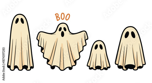 Whimsical collection of friendly cartoon ghosts in various sizes floating with a simple boo announcement