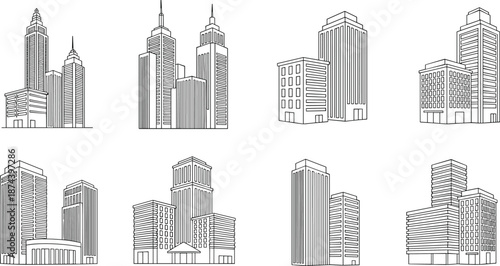 Skyscraper outline illustrations, modern city buildings, urban architecture drawings, high-rise towers, business district structures, black and white cityscape 