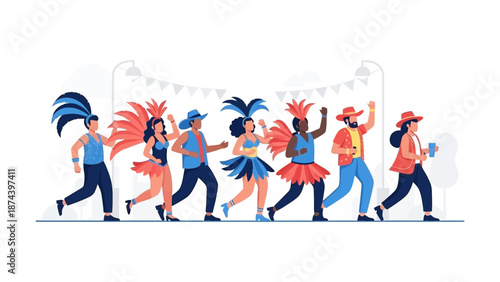 A cheerful flat design illustration depicting diverse participants in vibrant costumes marching in a Rio Carnival street parade. This clean, modern 2D vector art captures the communal joy and energy