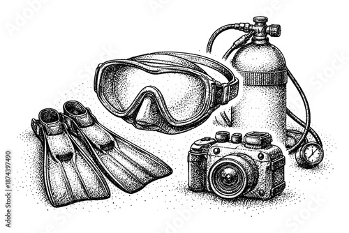 Vintage scuba diving gear with mask, flippers, camera, and tank in stipple art style