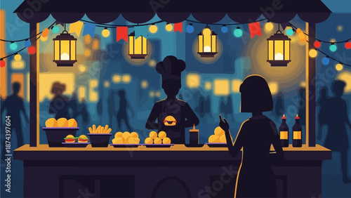 An inviting flat design illustration of a festive street food stall at the Rio Carnival, offering popular Brazilian snacks. 