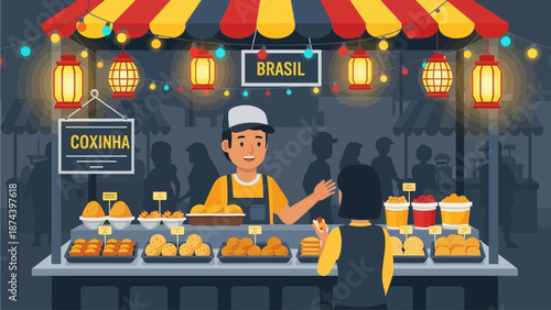 An inviting flat design illustration of a festive street food stall at the Rio Carnival, offering popular Brazilian snacks. 