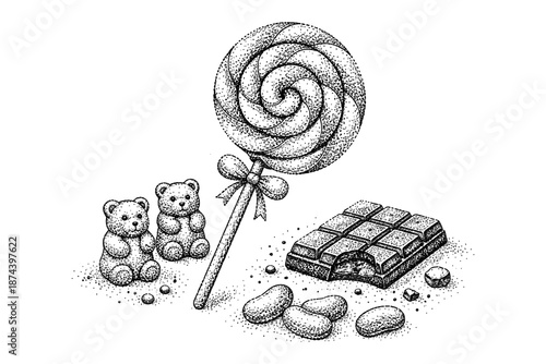 Hand drawn confectionery set with lollipop, chocolate, bears, and candy