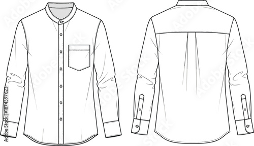 Men mandarin collar shirt technical sketch, front and back view, modern fashion apparel template, garment design, cad drawing flat vector