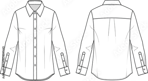 Men long sleeve shirt technical sketch, front and back view, fashion apparel template, garment design, cad drawing flat vector