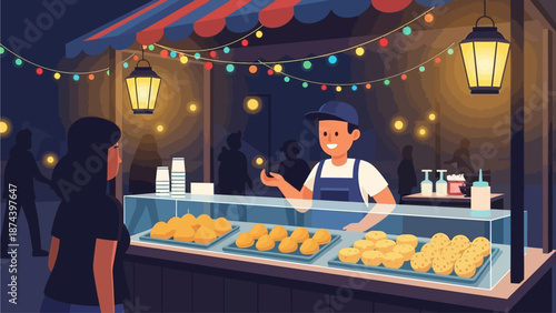 An inviting flat design illustration of a festive street food stall at the Rio Carnival, offering popular Brazilian snacks. 