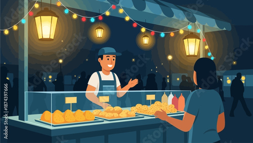 An inviting flat design illustration of a festive street food stall at the Rio Carnival, offering popular Brazilian snacks. 