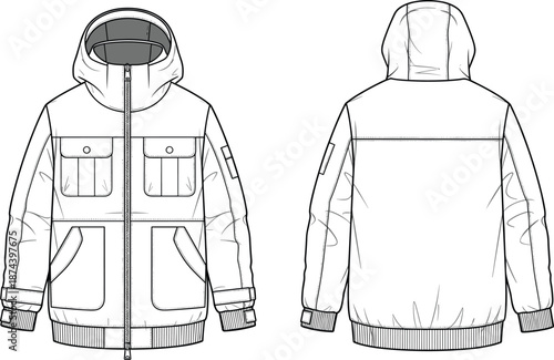 Men padded hooded jacket technical sketch, front and back view, winter fashion outerwear apparel template, garment design, cad drawing flat vector