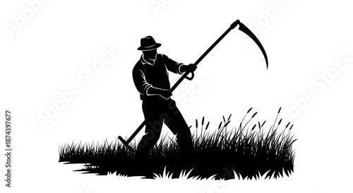 Silhouette of Farmer Harvesting Grass with a Scythe Traditional Agriculture and Manual Labor Concept