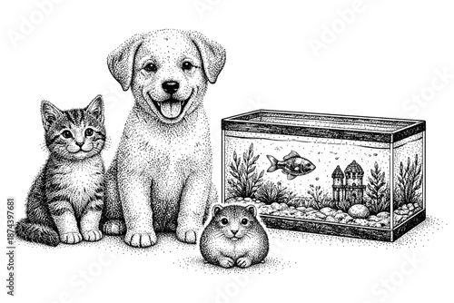 Detailed black and white pets with fish tank scene in stippling art style