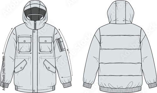 Men puffer jacket technical drawing front back view, hooded quilted winter coat with pockets, insulated cold weather outerwear apparel design, flat vector, cad drawing flat vector