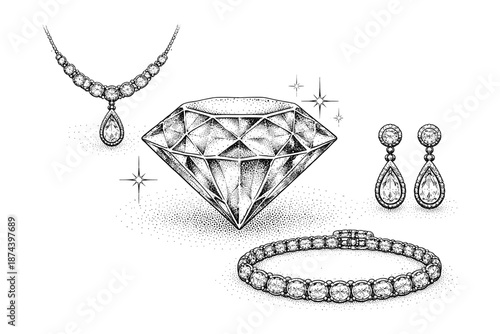 Detailed jewelry sketch featuring diamond, necklace, earrings, and bracelet