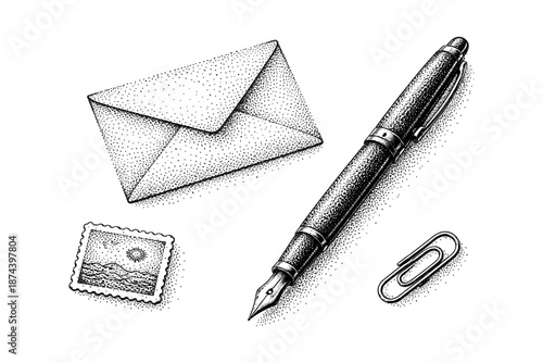 Vintage ink pen and stationery with stipple art style depicting envelope and stamp