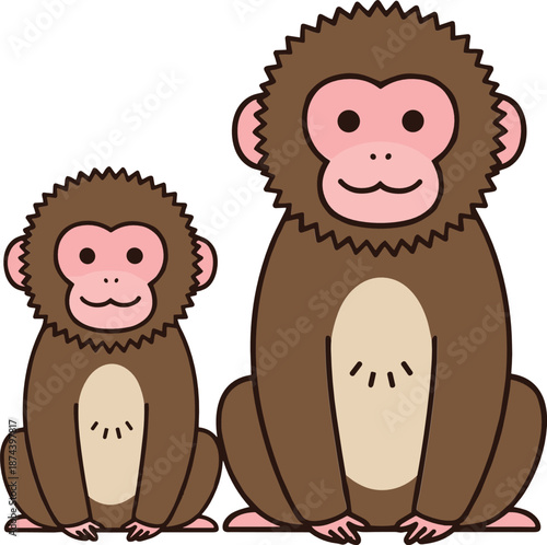 Cute cartoon monkey parent and baby sitting together isolated on white background flat vector illustration