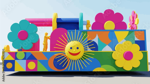 UntitlA vibrant flat design illustration of a grand Rio Carnival parade float, adorned with oversized flowers and a smiling sun motif. This art captures the spectacular creativity of the event
