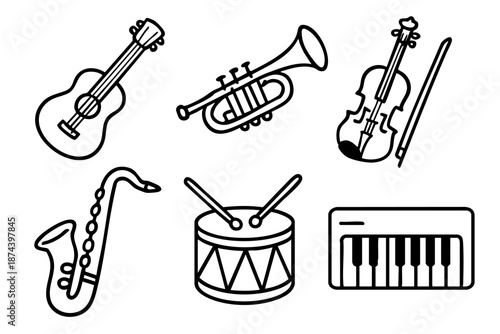 Musical instruments icons set in outline doodle hand drawn style