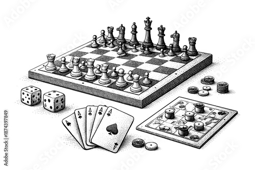 Classic board games collection with chess, cards, and dice in vintage engraved style