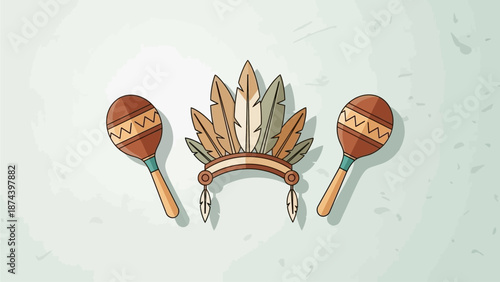 An elegant flat design illustration featuring a pair of maracas and a feathered headdress, iconic symbols of Rio Carnival. 