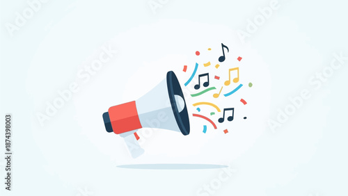 A clear flat design illustration of a megaphone emitting musical notes and confetti, symbolizing carnival announcements and festive music. 