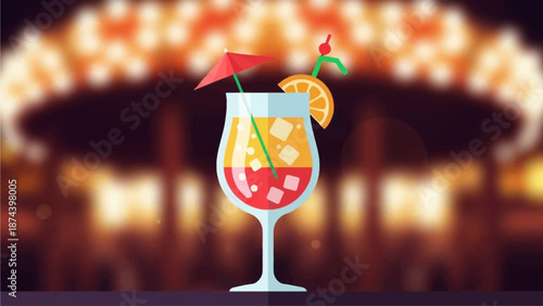 An inviting flat design illustration of a festive tropical cocktail, complete with umbrella and fruit slice, set against carnival lights. 