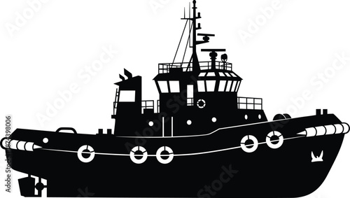 Tugboat, ship, silhouette, maritime, vessel, harbor, port, marine, transportation, industry, nautical, sea, ocean, shipping, workboat, black, vector, illustration, profile, design