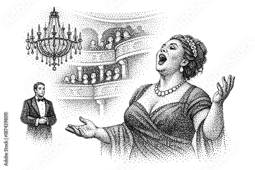 Elegant opera performance in vintage dotwork style with chandelier and audience