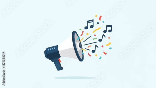 A clear flat design illustration of a megaphone emitting musical notes and confetti, symbolizing carnival announcements and festive music. 
