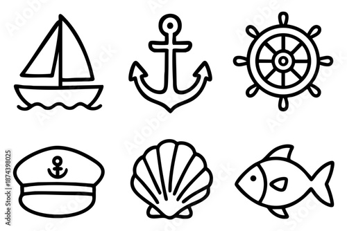 Nautical and marine icons set with sea and sailing symbols in outline doodle style