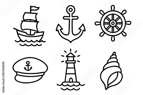 Nautical and marine icons set with sea and sailing symbols in outline doodle style