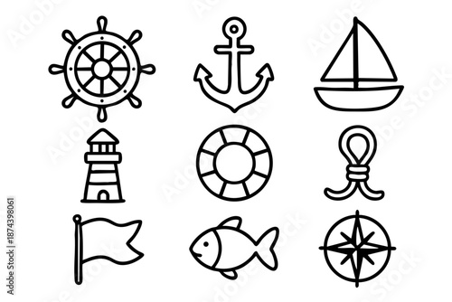 Nautical and marine icons set with sea and sailing symbols in outline doodle style
