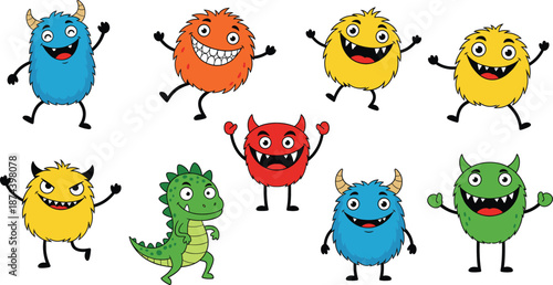 Cute cartoon monster characters set with funny expressions colorful furry creatures isolated on white background vector