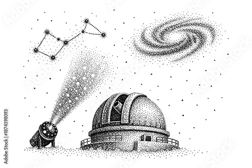 Dot art astronomy: telescope, constellation, and galaxy scene